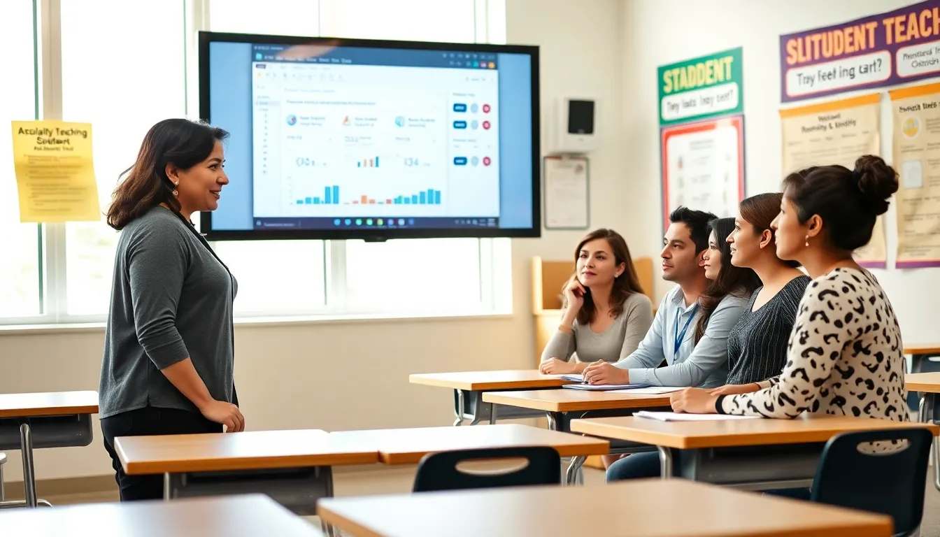teachers collaborating in a modern classroom using digital assessment tools.