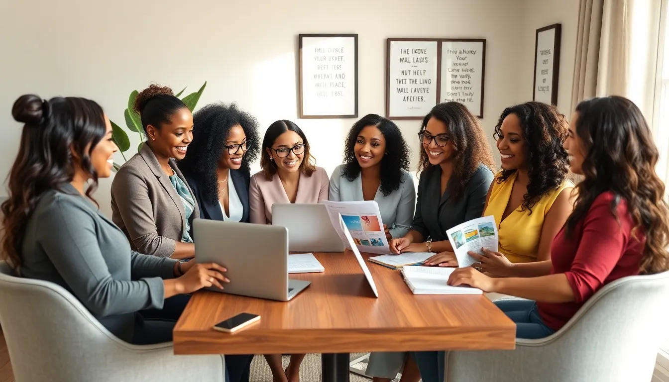 diverse working moms discussing side hustle ideas in a stylish home office.