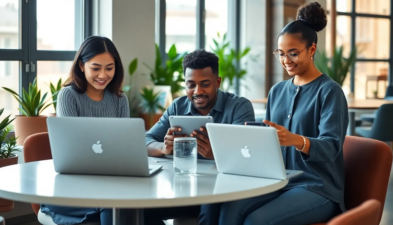 diverse digital nomads collaborating in a modern café setting.