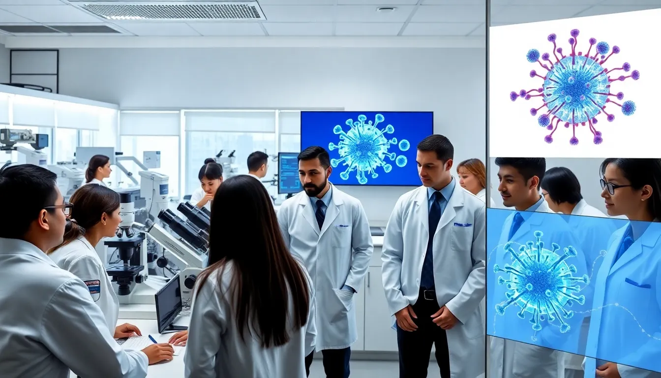 scientists studying viral replication in a modern lab.
