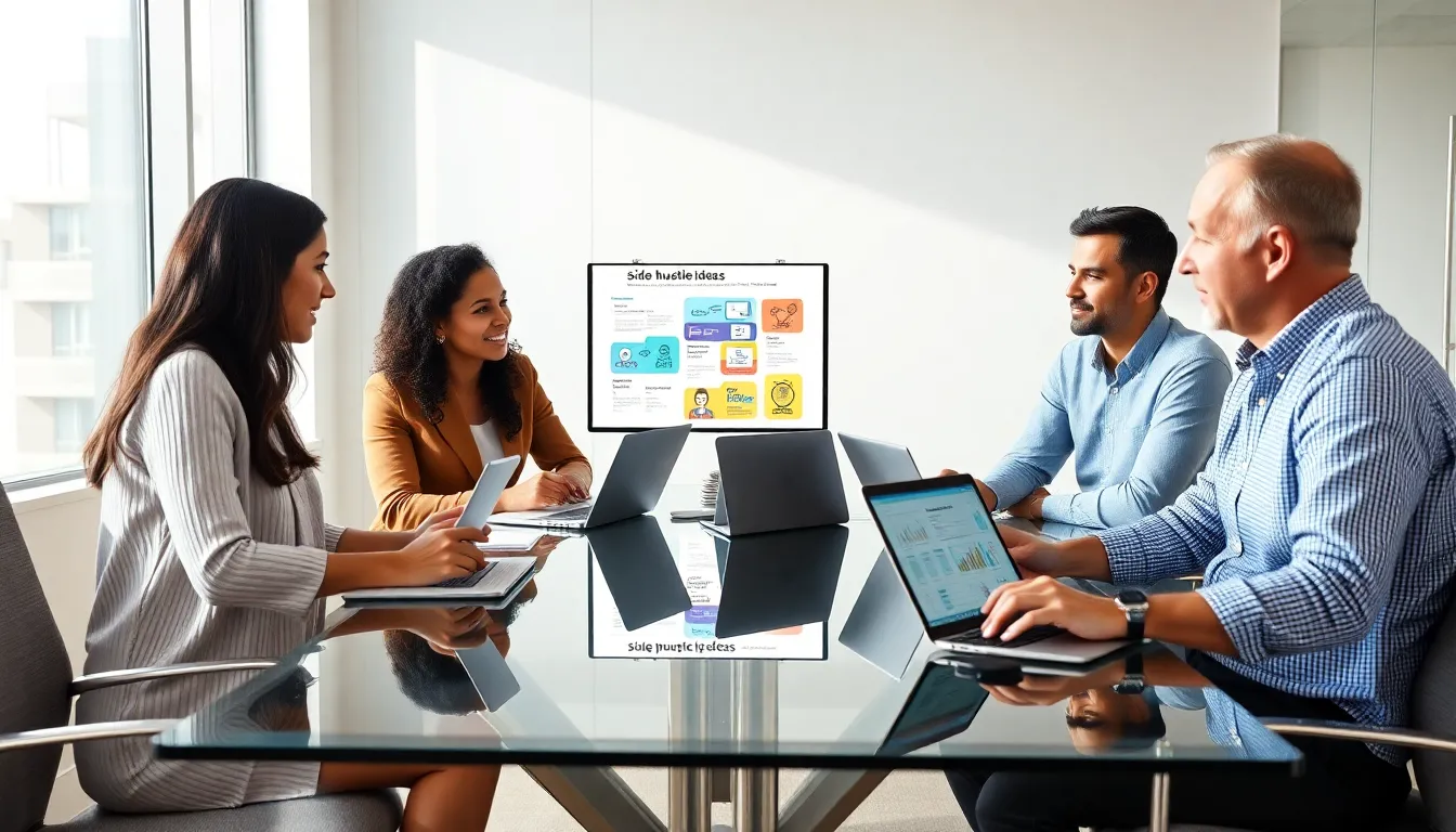 professionals discussing side hustle ideas in a modern office.
